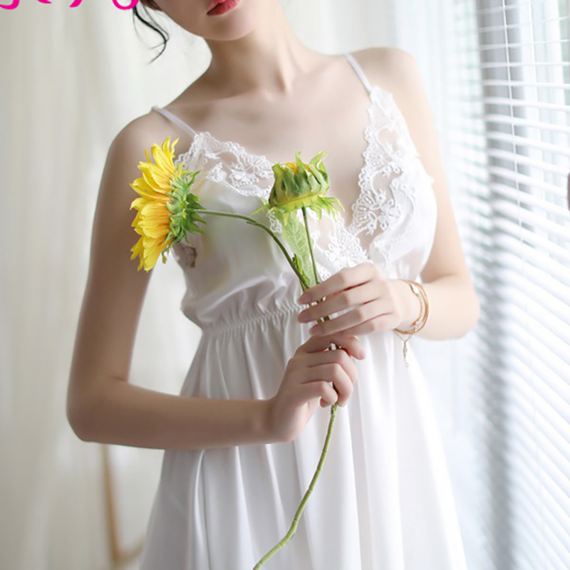 Side Slit Lingerie Babydoll Lace Nightgown White