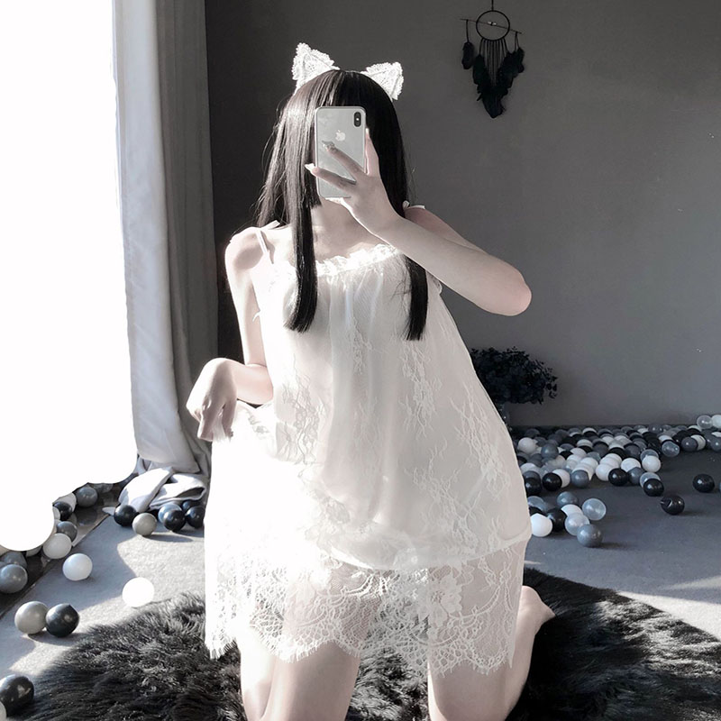 Strap Lingerie Lace Babydoll Sheer Mesh Chemise White