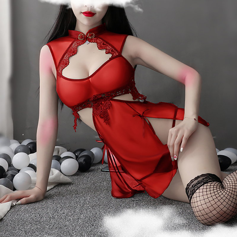 Lace Split Babydoll V Neck Mesh Chemise Sleepwear Red