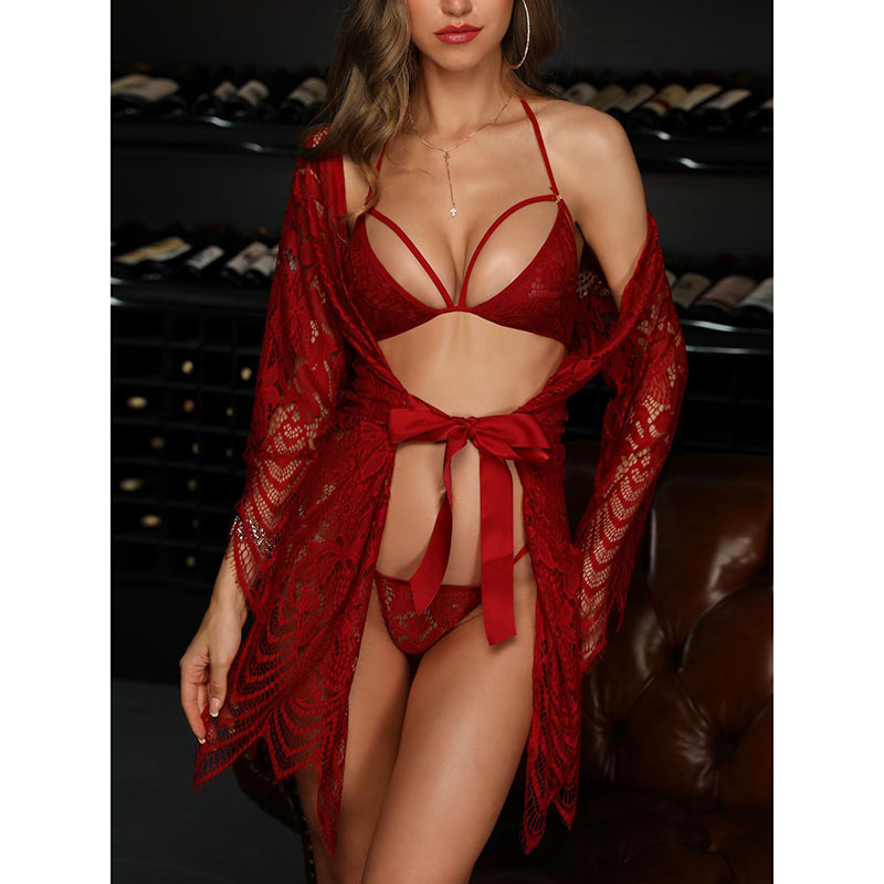 Kimono Robe Floral Lace Babydoll Lingerie Set Red