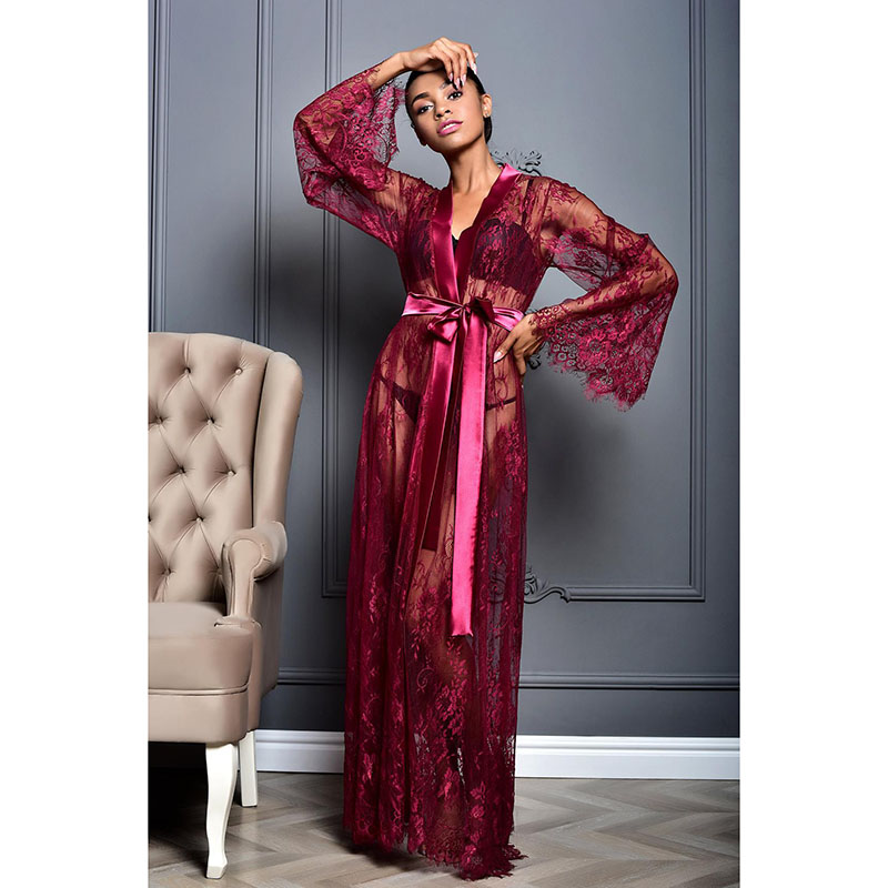 Long Kimono Bathrobes Sexy Nightgowns Babydoll Burgundy