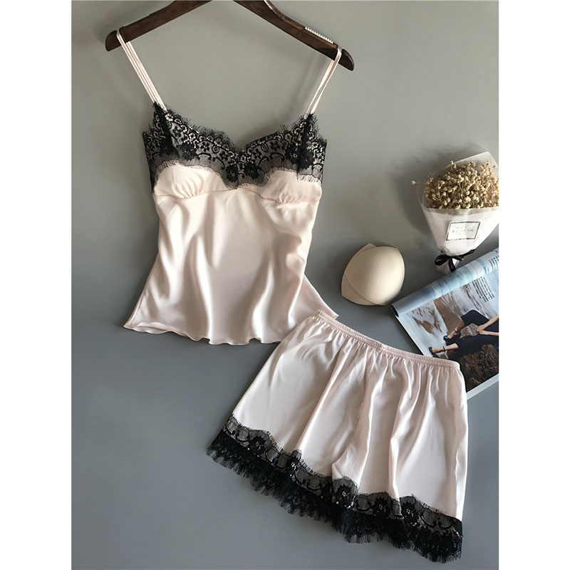 Lace Trim Satin Cami and Shorts Pajama Set White