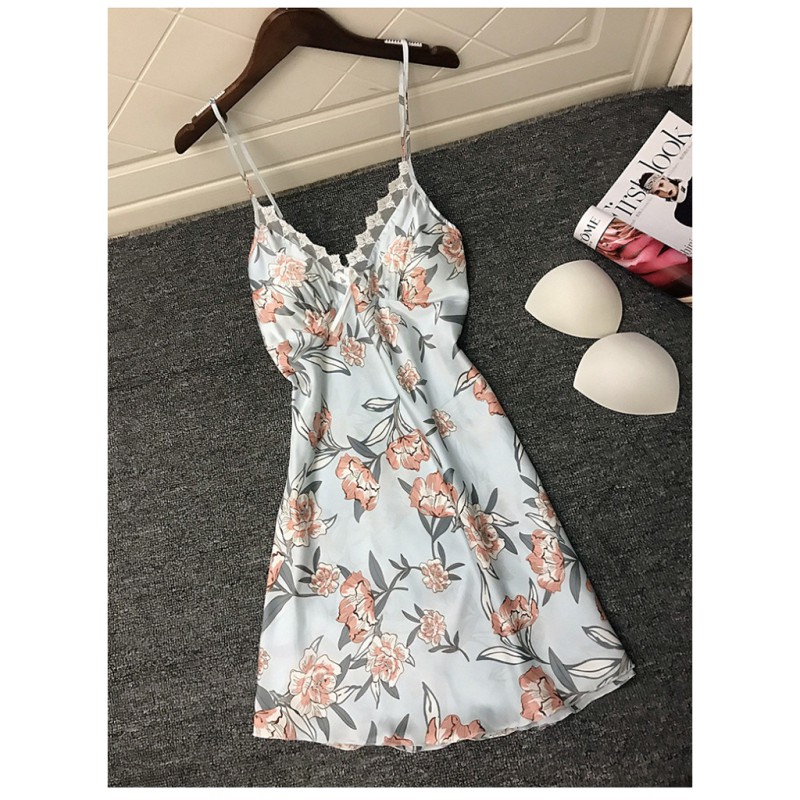 Floral Printed Lace Chemise Nightgown Babydoll Blue