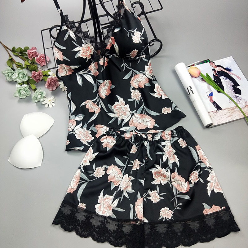 Summer Floral Print Cami Top and Shorts Set Black