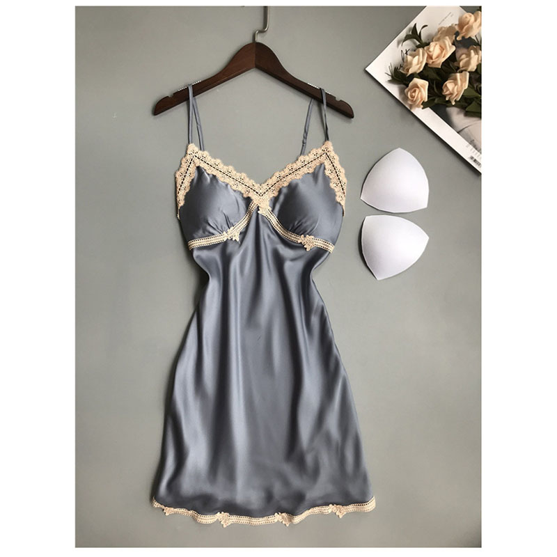 Sleeveless Tank Lace Nightgowns Babydoll Sleepwear Gray