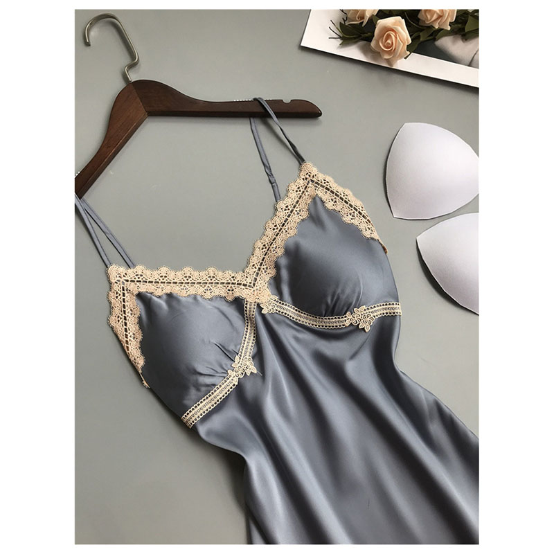 Sleeveless Tank Lace Nightgowns Babydoll Sleepwear Gray