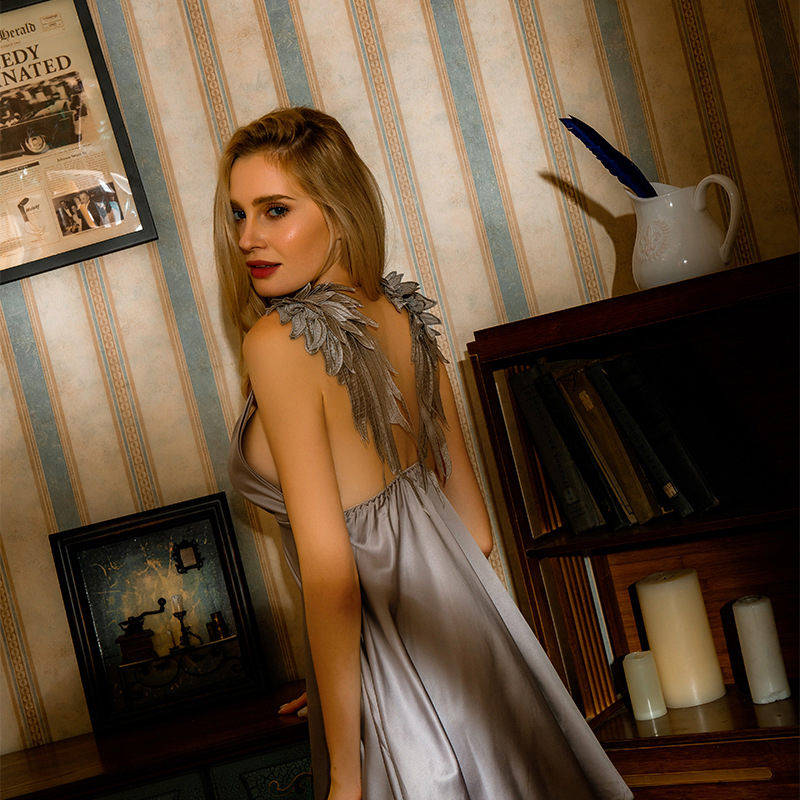 Feathers Backless Full Slip Babydoll Dress Gray