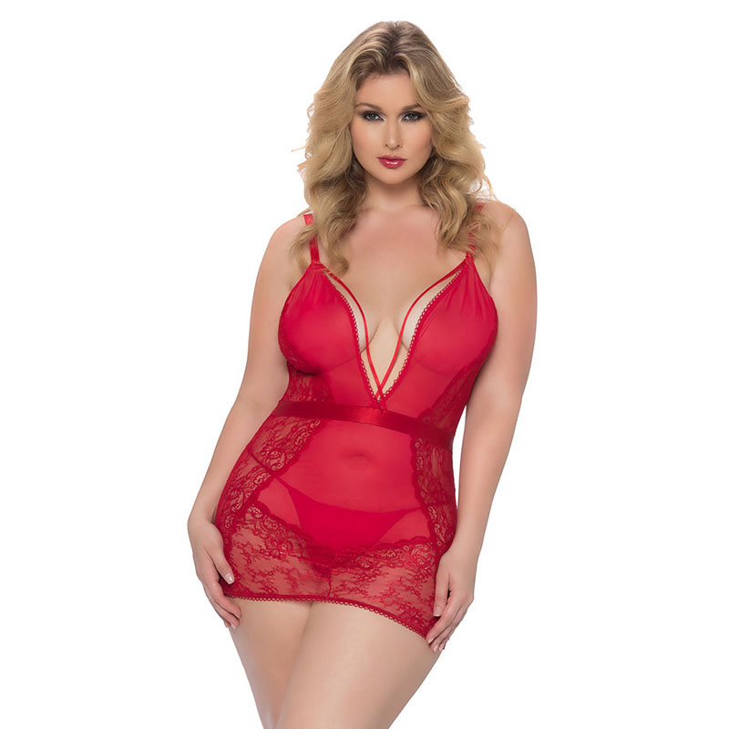Sexy Plus Size Lingerie Mesh Lace Trim Babydoll Red