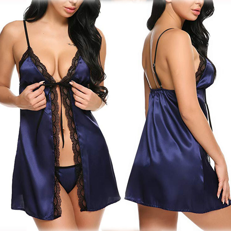 Lace Chemise Nightgown Satin Open Front Nightwear Blue