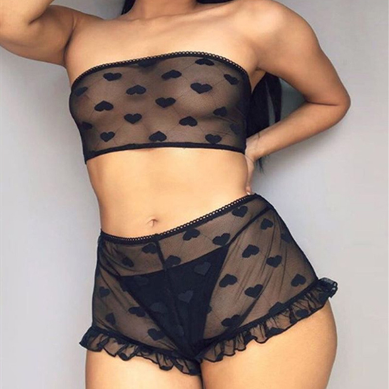 Off Shoulder Sheer Mesh Bra and Short Set Black