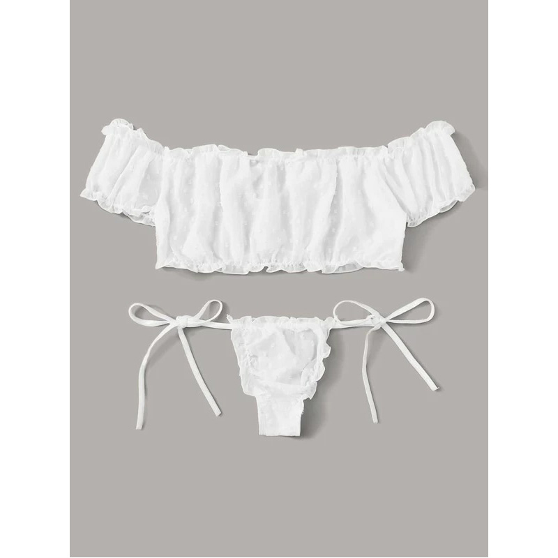Self Tie Ruffle Trim Dobby Mesh Sexy Bra and Panty Set White
