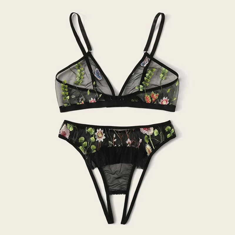 Mesh Flower Applique Bra and Crotchless Panty Set