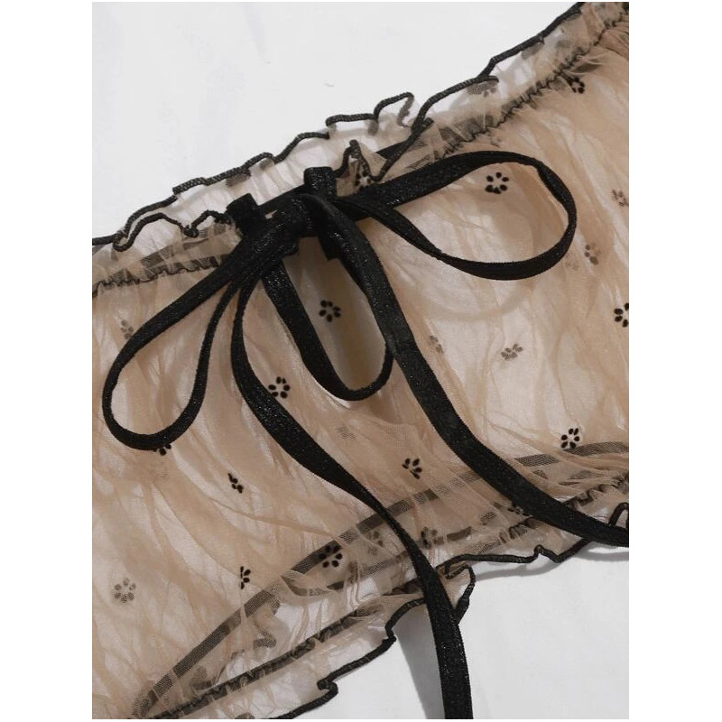 Self Tie Ruffle Trim Dobby Mesh Sexy Bra and Panty Self Tie Ruffle Trim Dobby Mesh Sexy Bra and Panty