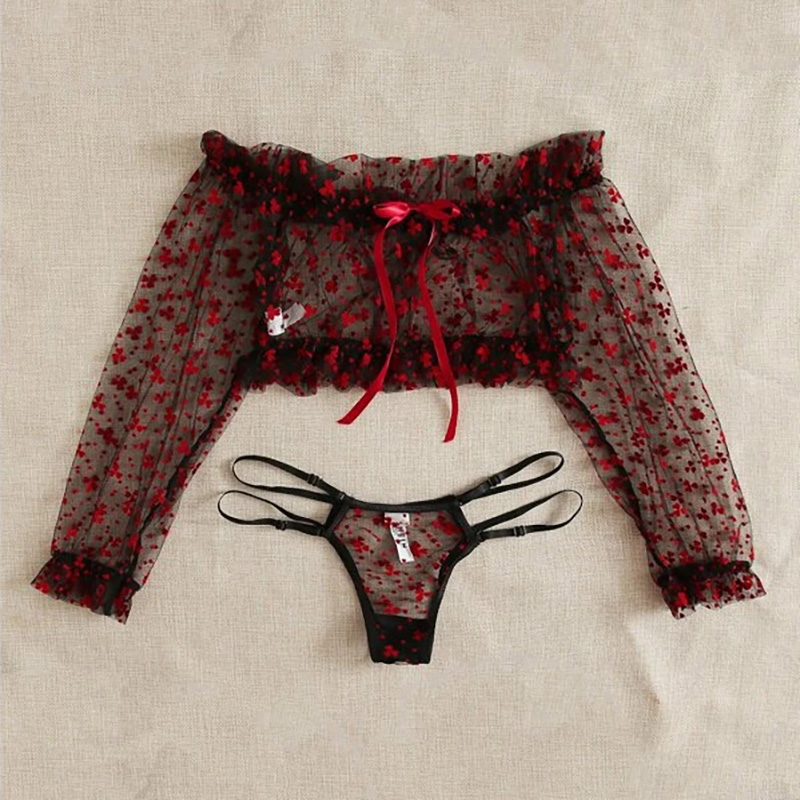 Self Tie Ruffle Trim Dobby Mesh Sexy Lingerie Set