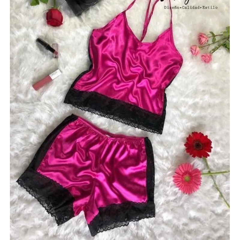 Sexy Lingerie Satin Sleepwear Cami Shorts Set Burgundy