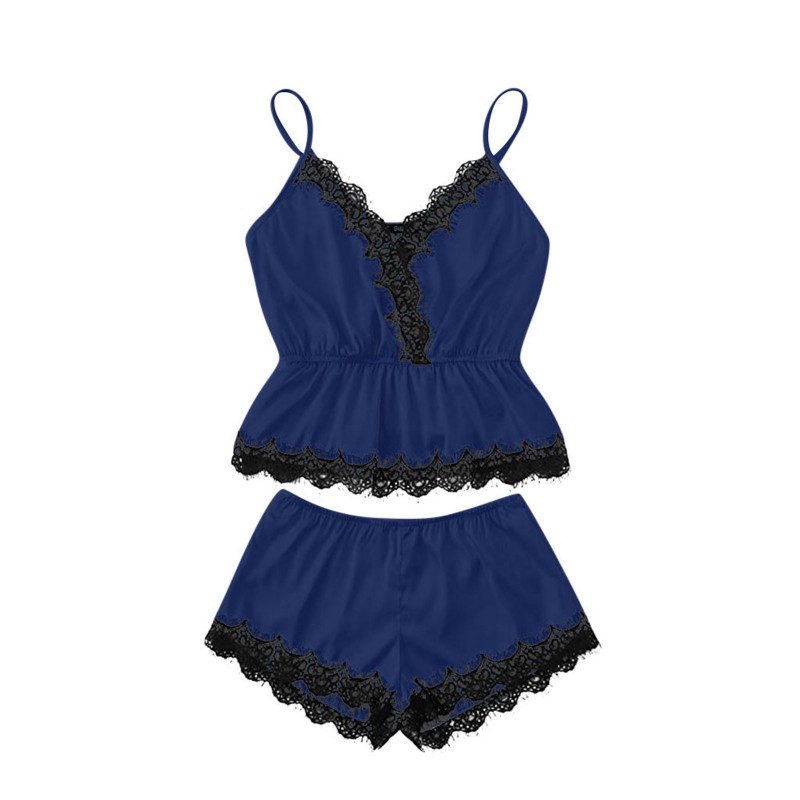 Sexy Lace Trim Sleepwear Cami Top and Shorts Pajama Set Blue