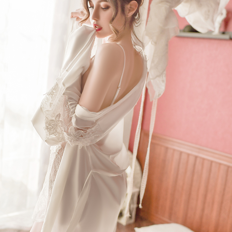 Sexy Lingerie Robe Lace Kimono Robe Long Sleeve White