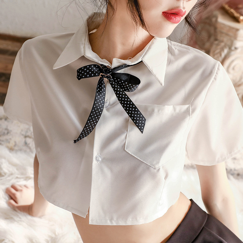 Sexy See-Through White Shirt Collar Rope Bow tie Uniform Pleated Skirt Suit