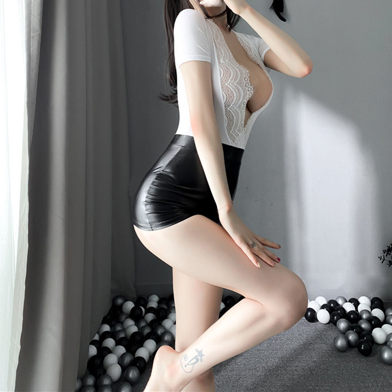 Lace Edge V-neck Sexy Cospaly Uniform Black