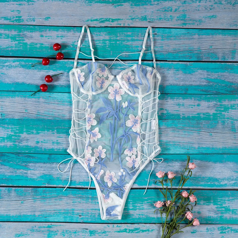 Floral Embroidered Sheer Mesh Lingerie Teddy Bodysuit Blue
